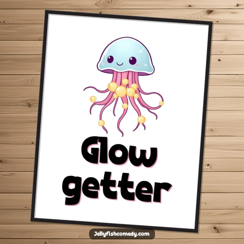 Funny poster of a jellyfish elegantly balancing glowing sea pearls, adding magical ocean charm to decor.