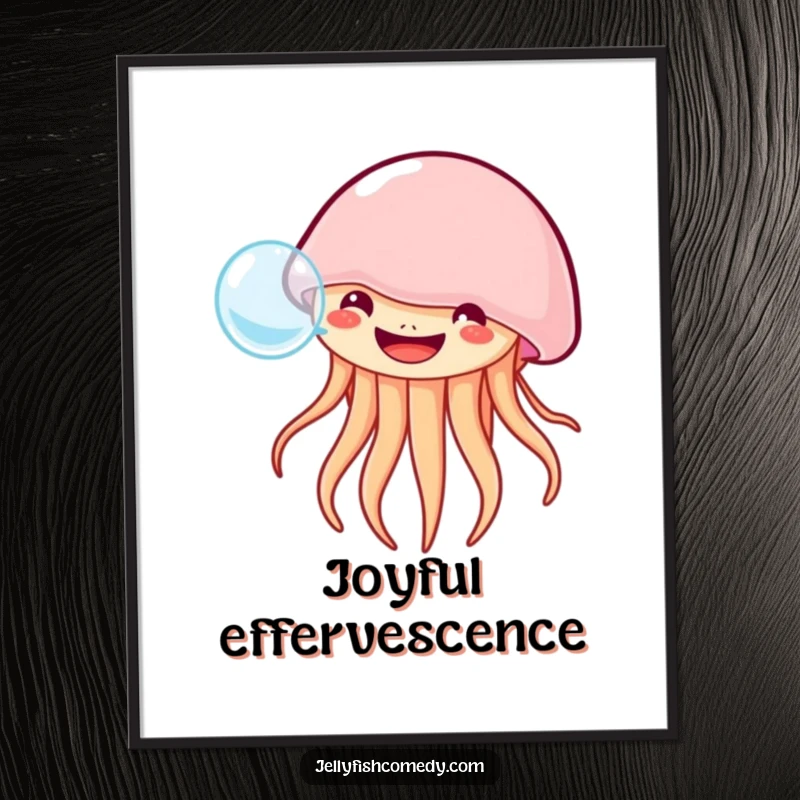Funny grinning jellyfish poster art depicts a happy jellyfish blowing a large bubble, adding joyful ocean charm.