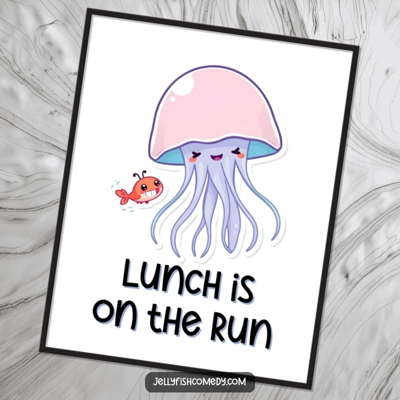 Funny jellyfish with a grin playfully chasing a shrimp, humorous ocean-themed poster art for vibrant wall decor.