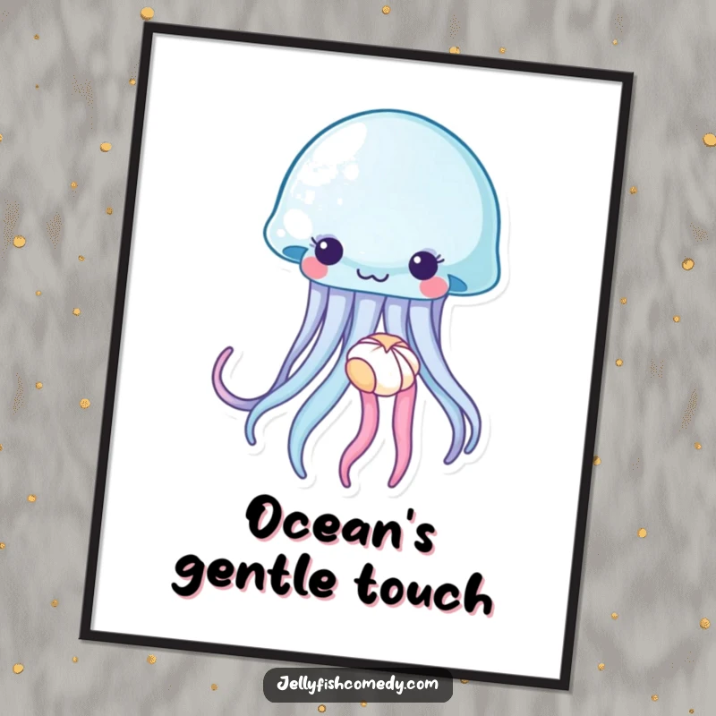 Funny jellyfish poster, a sea creature gently holding a tiny seashell, showcasing serene ocean beauty and delicate artistry.