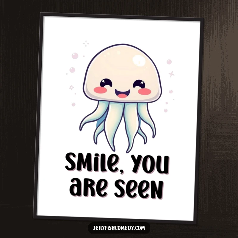 Funny Kawaii Jellyfish Poster featuring a jellyfish with a big smile and radiating bubbly energy, perfect wall art.