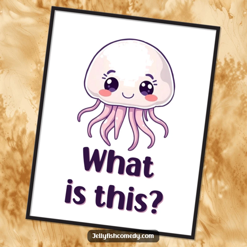 Funny joyful jellyfish poster, featuring a floating sea creature with wide, curious eyes, adding a touch of wonder.
