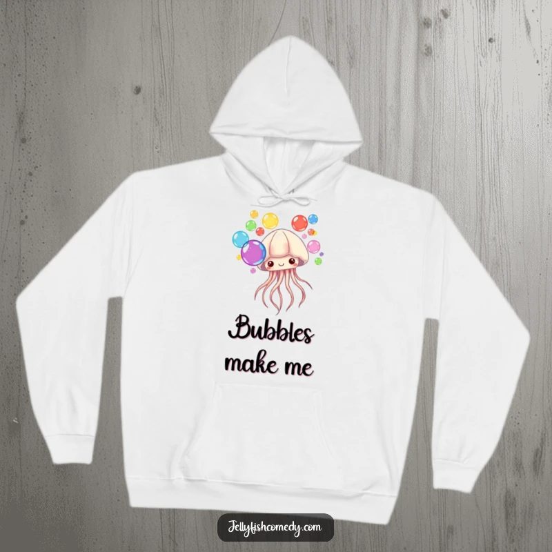 Funny Hoodie featuring a jellyfish blowing a cascade of colorful bubbles. This apparel brings warmth and whimsy.
