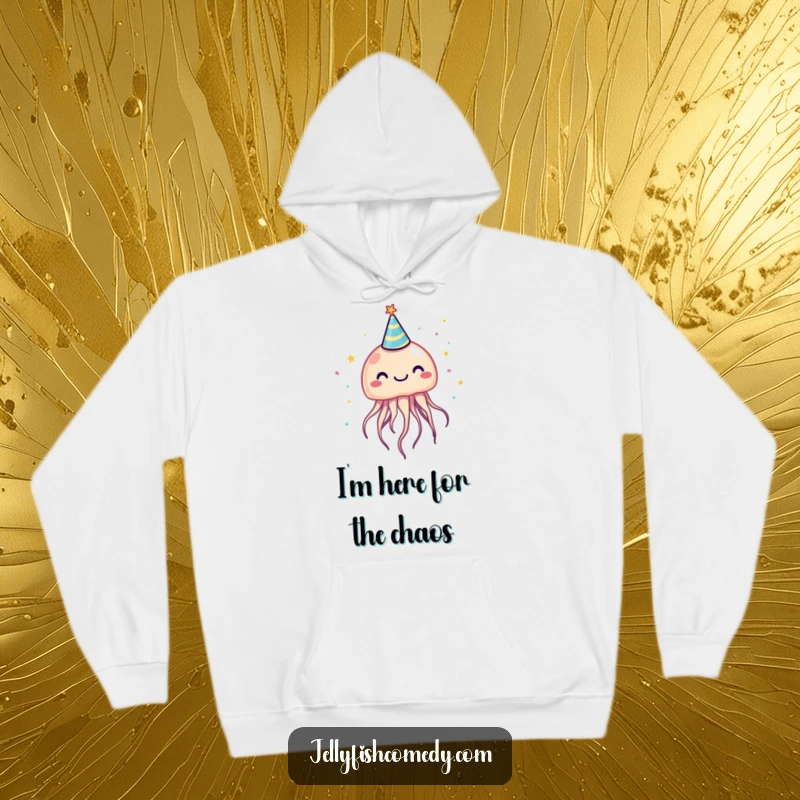 Funny jellyfish wearing a tiny party hat, surrounded by confetti, cozy hoodie for humorous comfort.