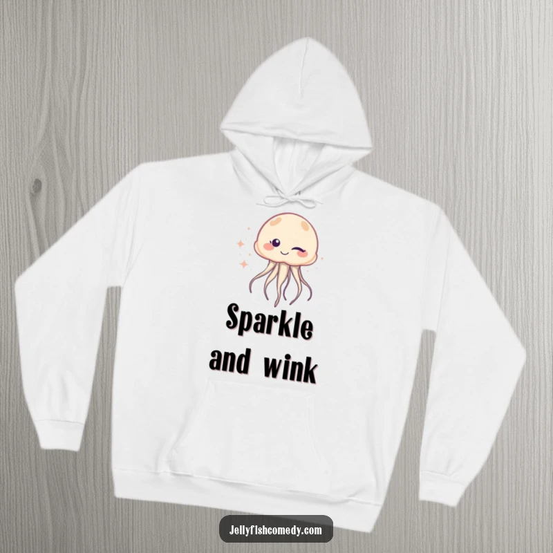 Funny Hoodie: A winking jellyfish trails shimmering sparkles, offering cozy comfort and a dose of mischievous, humorous charm.
