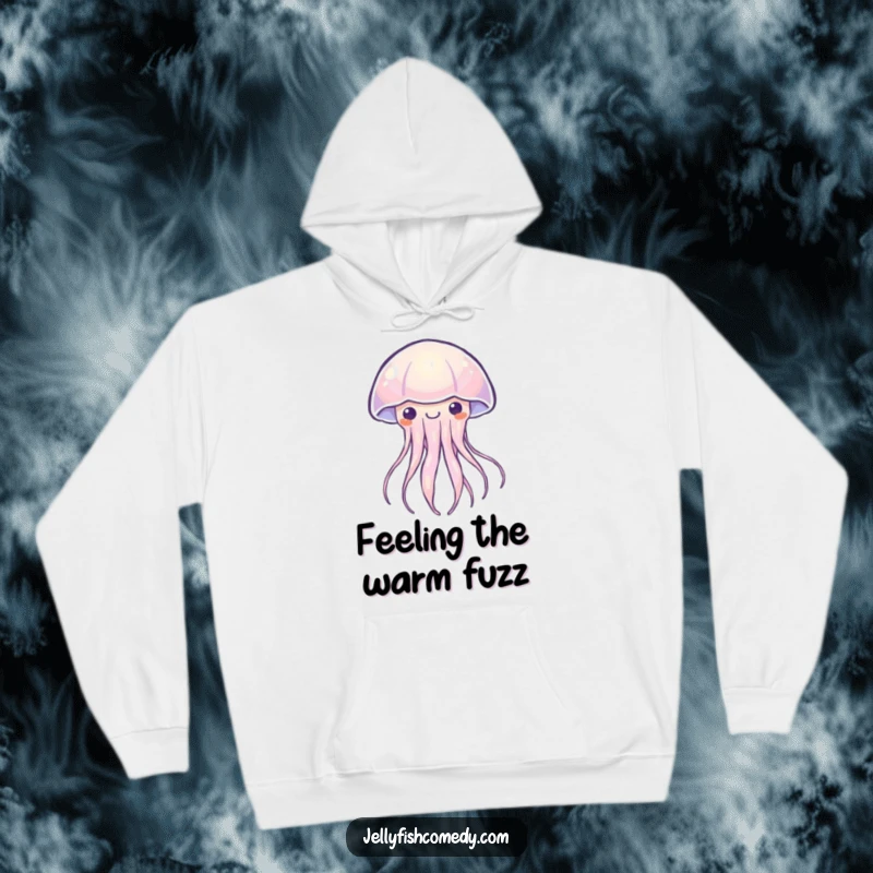 Funny Kawaii jellyfish hoodie featuring a sea creature softly pulsing with a happy, ambient light. Cozy and humorous.