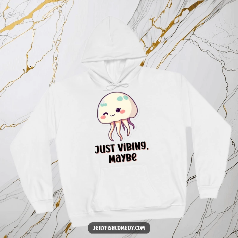 Funny shy jellyfish hoodie, showing a cute sea creature with a bashful smile and elegantly waving tentacles, perfect for cold days.