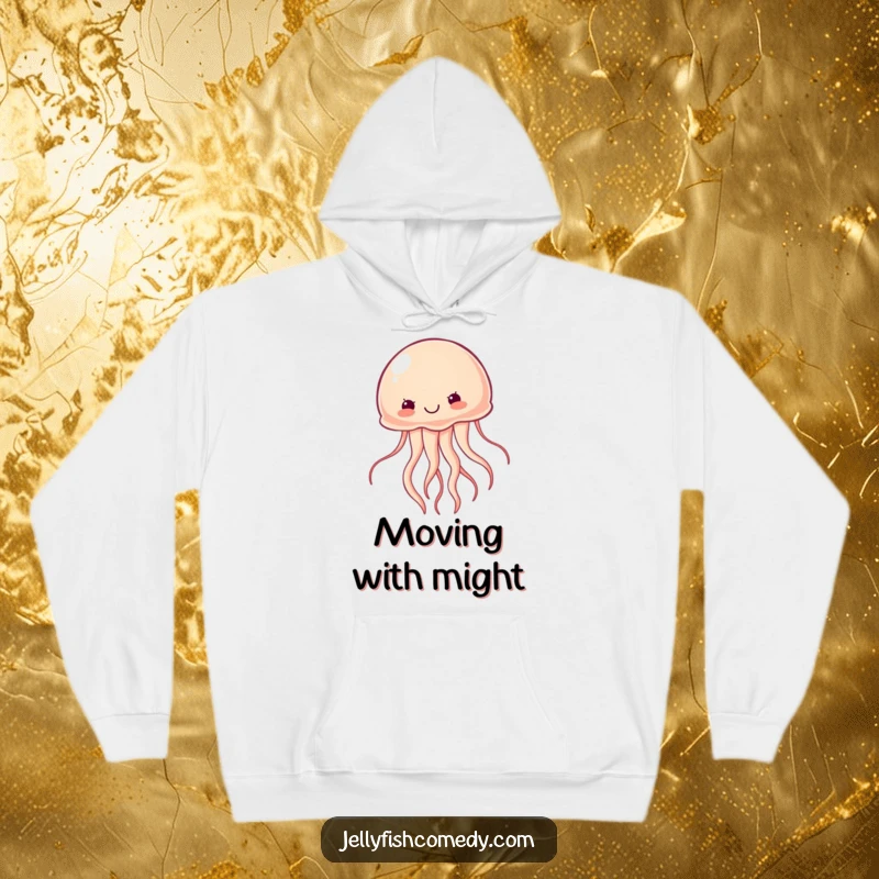 Funny determined jellyfish hoodie shows a jellyfish swimming forward with great vigor, inspiring determination and cozy humor.