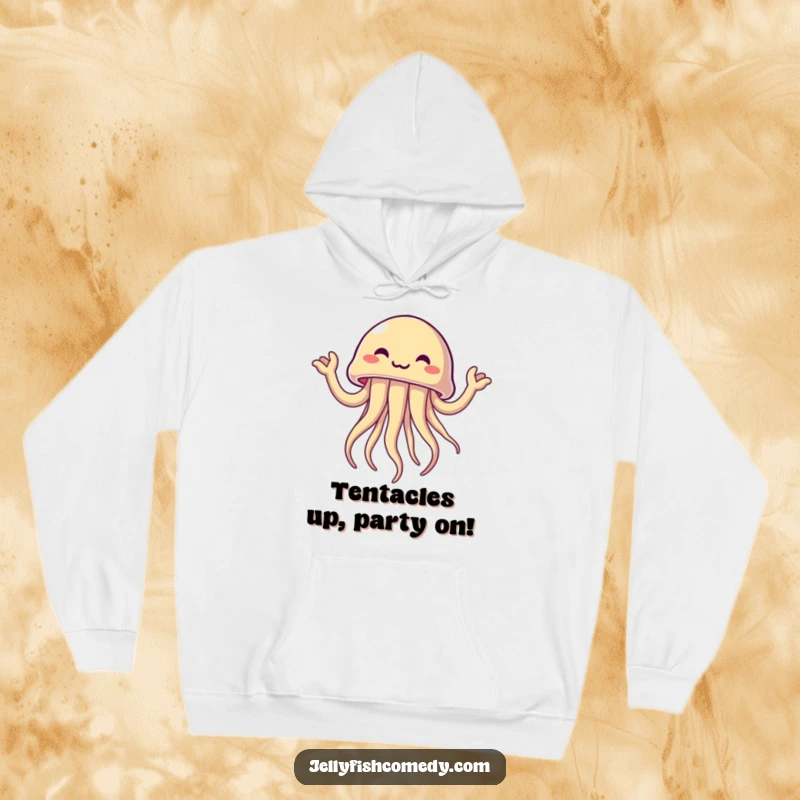 Funny jellyfish enthusiastically waving tentacle arms, a humorous and cozy hoodie for expressing joy.