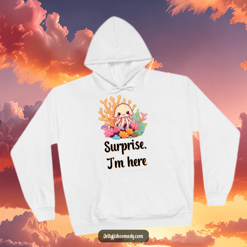 Funny Jellyfish Hoodie: A charming jellyfish hides behind vibrant coral, a funny secret on this cozy garment.