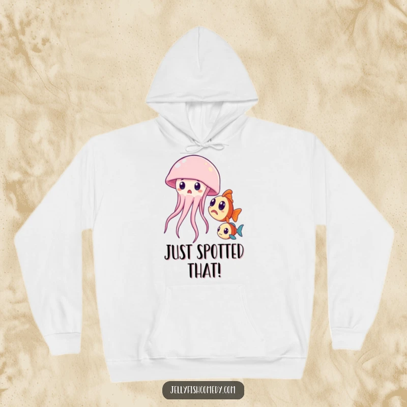 Funny hoodie with a surprised jellyfish and curious fish, offering warmth and humor for ocean lovers.