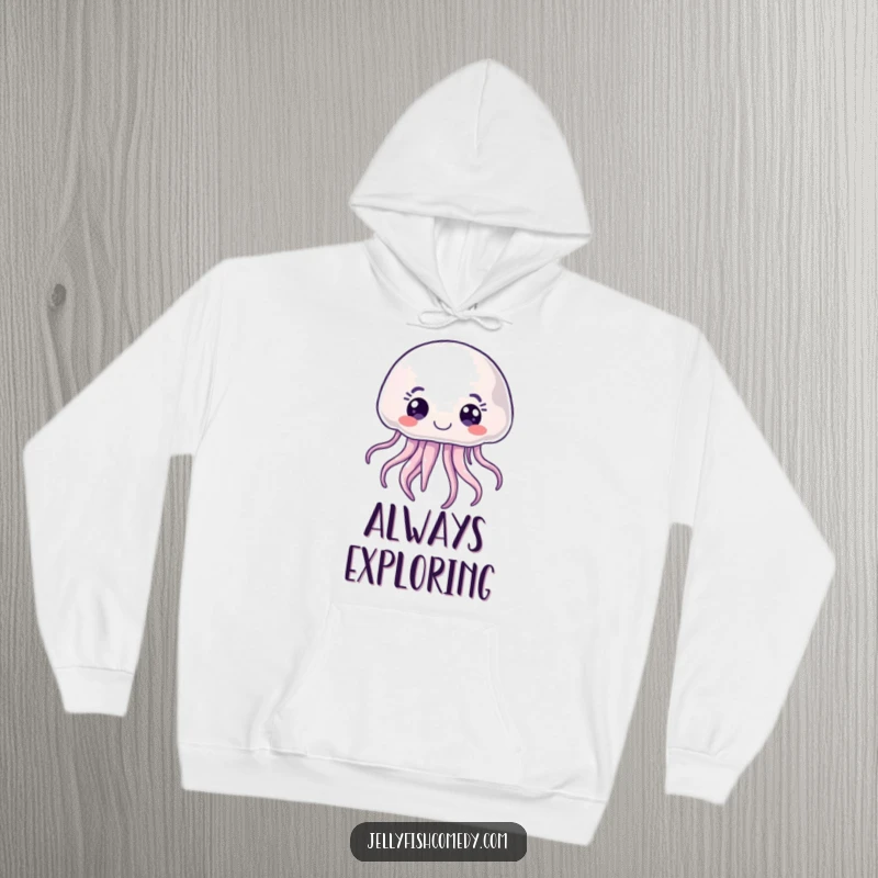 Funny joyful jellyfish hoodie, featuring a curious sea creature with wide, expressive eyes, perfect for chilly days.