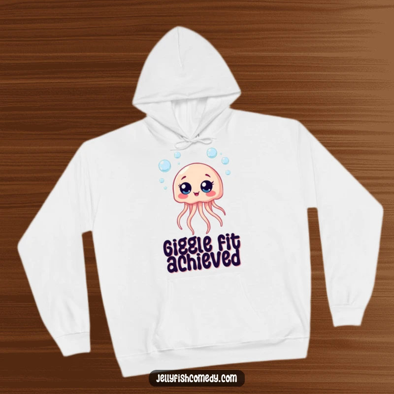Funny hoodie featuring a big-eyed, giggling jellyfish creating an atmosphere of joy with rising bubbles.