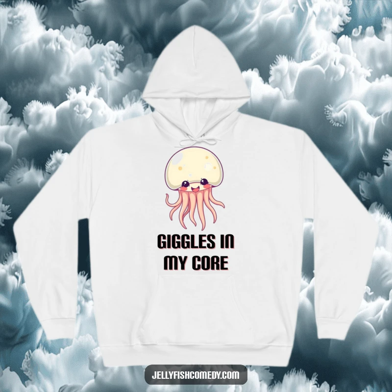 Funny Kawaii jellyfish hoodie featuring a comically happy sea creature with spread-out, giggling tentacles. Cozy and hilarious.