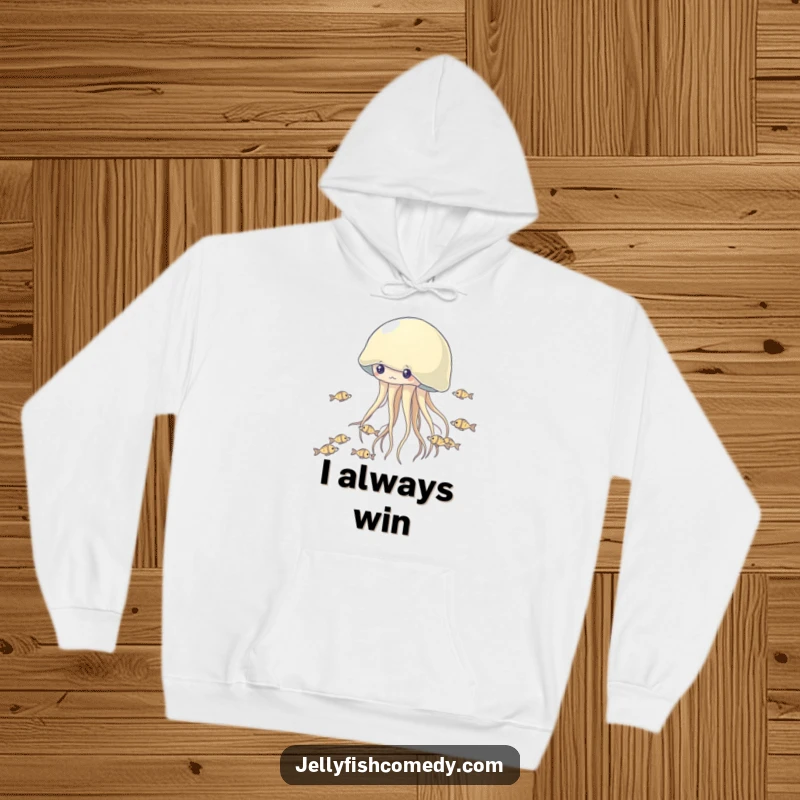 Funny Jellyfish Hoodie: A jovial jellyfish leads a lively chase with a school of tiny fish on this warm garment.