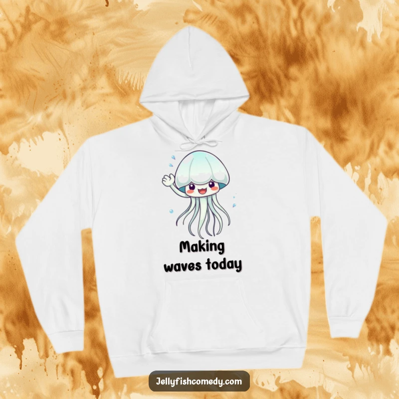 Funny waving jellyfish hoodie, full of aquatic energy and fun, splashing water with enthusiasm, a cozy and playful gift.