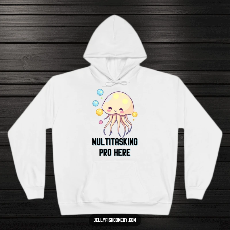 Funny hoodie with a captivating jellyfish juggling glowing orbs, perfect for cozy, magical moments.