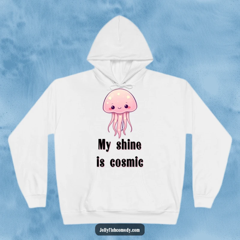 Funny kawaii jellyfish with twinkling starry patterns on a cozy hoodie, perfect for warm, celestial humor.