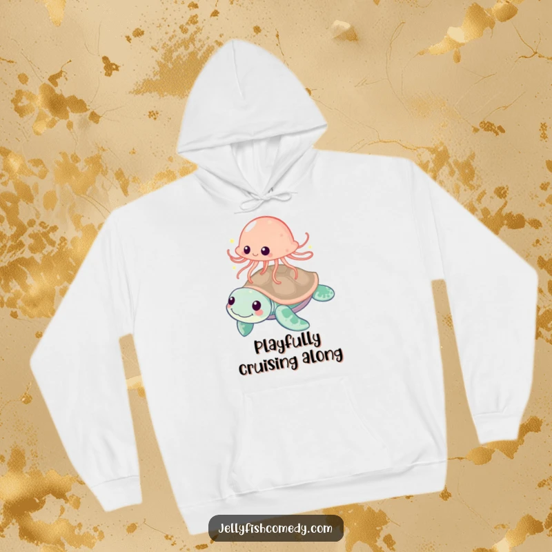 Funny jellyfish playfully bouncing off a friendly sea turtle, a humorous and cozy hoodie for ocean lovers.