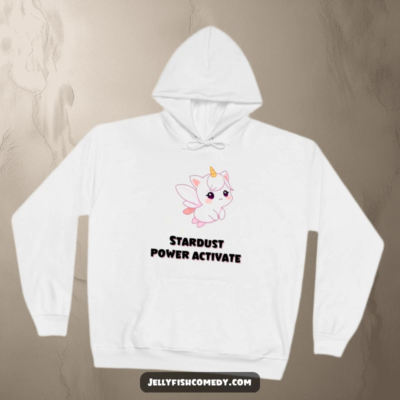Funny hoodie displaying a small, ethereal creature leaving a trail of sparkling stardust, ideal for cozy, magical wear.