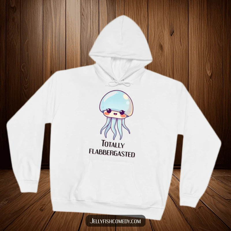 Funny Kawaii jellyfish hoodie showcasing a comically surprised sea creature, ready for cozy adventures. Warm and humorous.