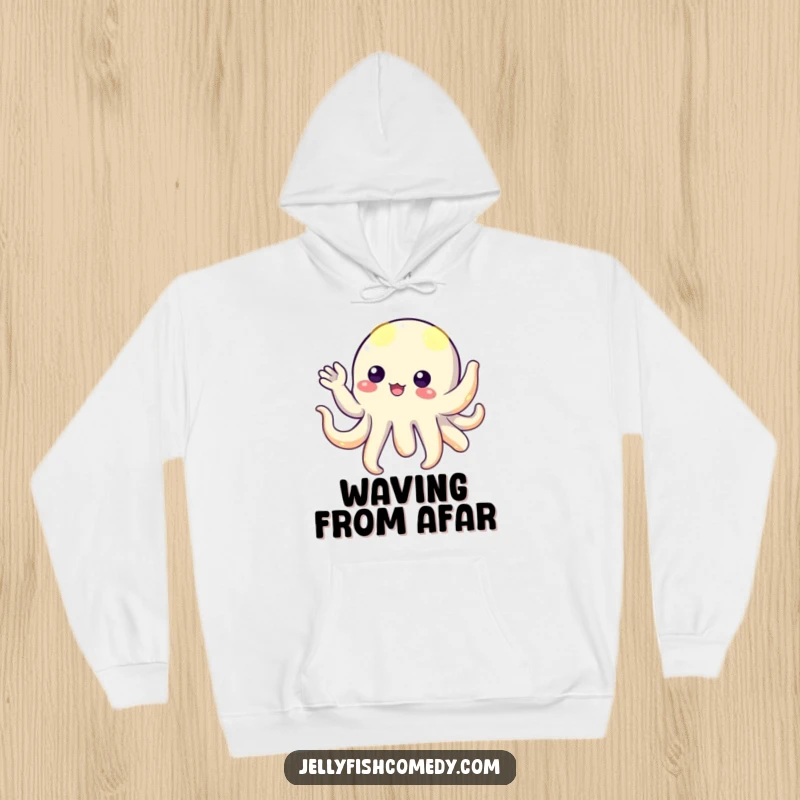 Funny floating creature with bright, glowing tentacles, playfully waving a warm hello, featured on a comfortable and warm hoodie.
