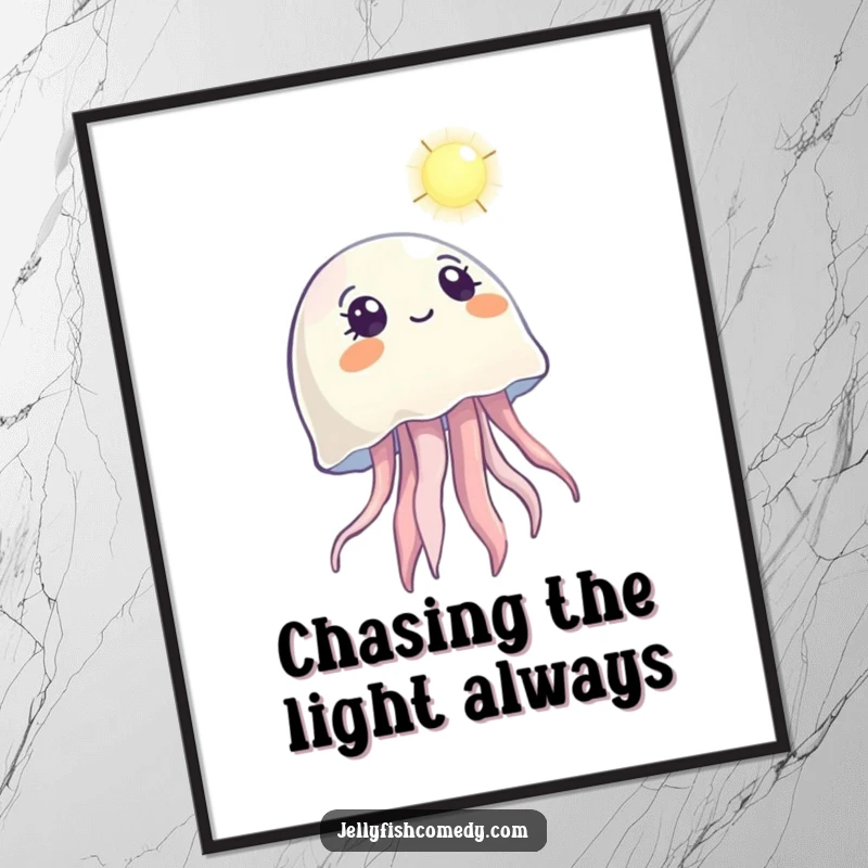 Funny Free Printable Wall Art featuring a jellyfish looking up with wonder at a distant light, evoking a sense of magic.
