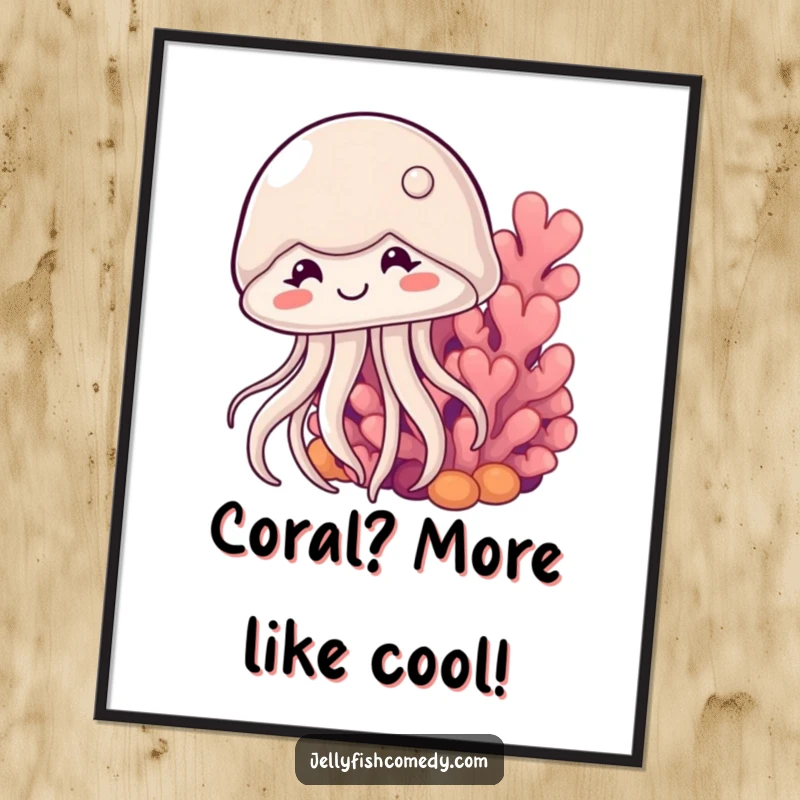Funny free printable wall art of a cute jellyfish with a shy smile peeking from behind coral, adding whimsical charm.