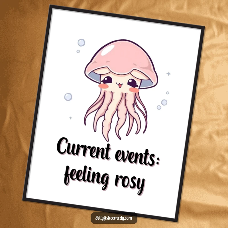 Funny free printable wall art of a jellyfish blushing with surprise as it's caught in a gentle current, creating a sweet scene.