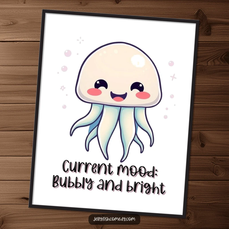 Funny free printable wall art of a kawaii jellyfish with a big smile, radiating effervescent, bubbly energy and charm.