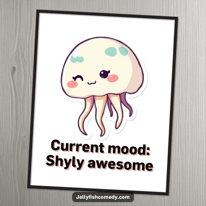 Funny Free Printable Wall Art of a shy smiling jellyfish with gently waving tentacles, creating a charming and cute underwater scene.