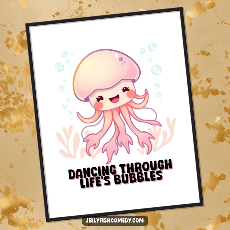 Funny Free Printable Wall Art of a jellyfish gleefully dancing in a bubbly underwater scene, bringing vibrant energy and fun.