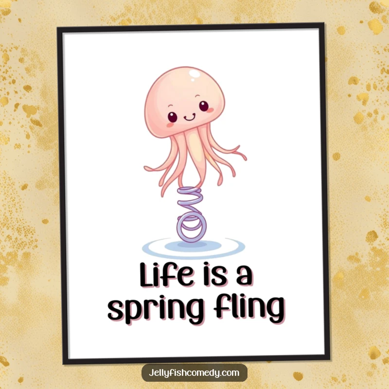 Funny Free Printable Wall Art: A jellyfish bounces with glee on a tiny spring, adding dynamic fun.