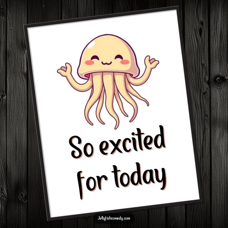Free Printable Wall Art of an excited jellyfish waving its tentacles like tiny arms, radiating pure joy and downloadable cheer.