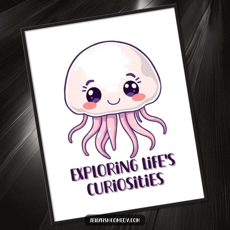 Funny Free Printable Wall Art of a joyful jellyfish with wide, curious eyes, floating playfully, adding a touch of wonder.