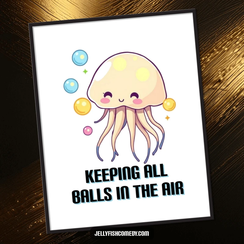 Funny free printable juggling jellyfish wall art, skillfully tossing glowing orbs, a mesmerizing underwater scene for download.