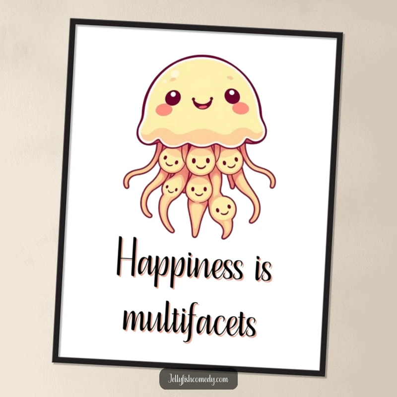 Funny free printable wall art of a kawaii jellyfish with its bell covered in a delightful array of happy smiley faces.