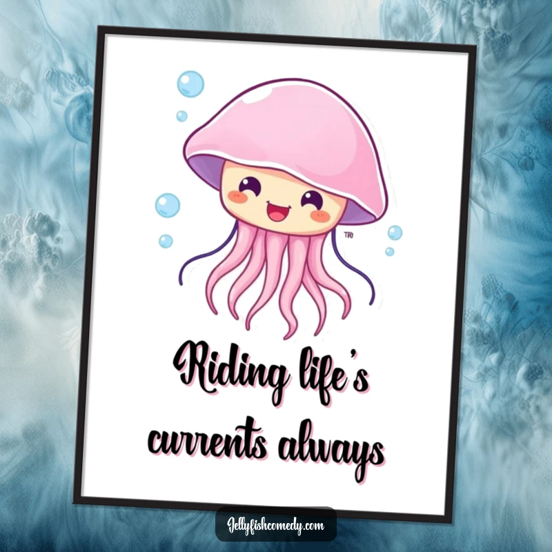 Funny Free Printable Wall Art of a happy, surprised jellyfish being gently blown by an underwater current, adding a touch of playful wonder.