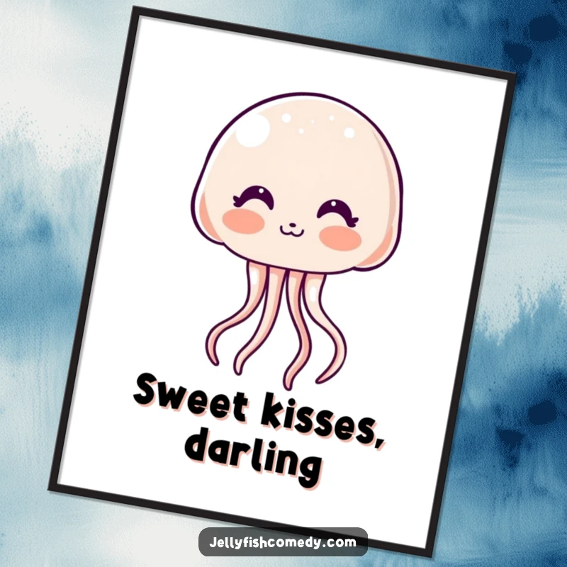 Free Printable Wall Art featuring an incredibly cute, blushing kawaii jellyfish blowing a sweet, gentle kiss.