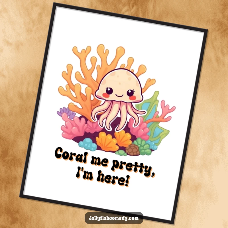 Free Printable Wall Art: Jellyfish peeking from behind vibrant coral, creating a magical and serene downloadable art piece.