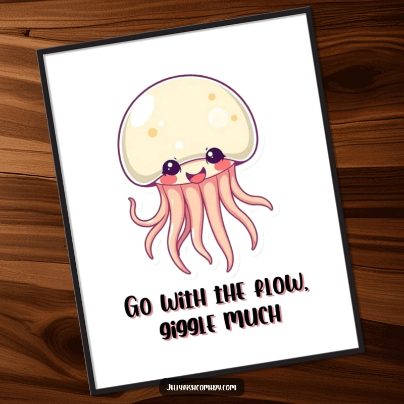 Funny Free Printable Wall Art: A giggling Kawaii jellyfish wiggles its tentacles with glee, creating a cheerful and downloadable vibe.