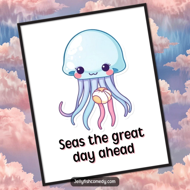 Funny Free Printable Wall Art: A jellyfish with tentacles gently holding a tiny seashell, creating a serene ocean scene.