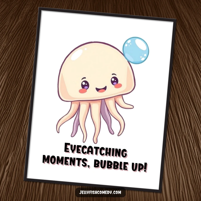 Funny Free Printable Wall Art of a cheerful, multi-eyed jellyfish playfully bouncing a large, iridescent bubble with glee.