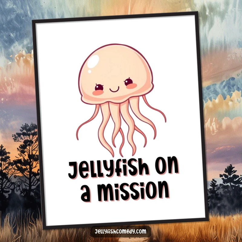Funny free printable wall art of a jellyfish determinedly wiggling forward with vigor, symbolizing ambition and motivation.