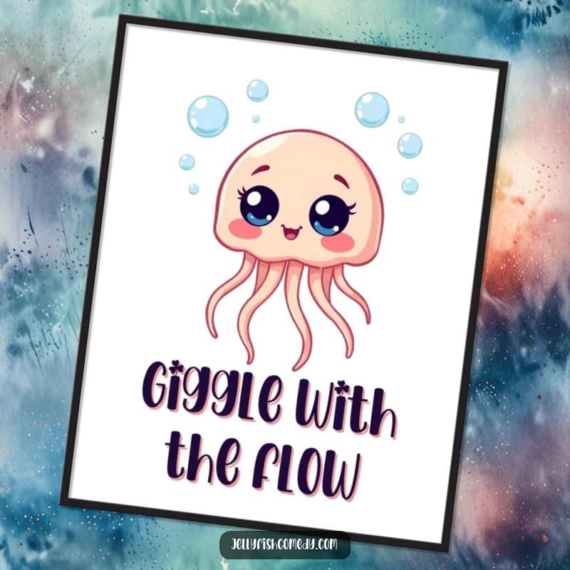 Funny Free Printable Wall Art: A giggling jellyfish with big eyes floating happily among rising bubbles, adding cheer.