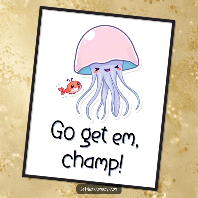 Funny Free Printable Wall Art: A grinning Jellyfish playfully chases a tiny shrimp across a vibrant underwater scene.