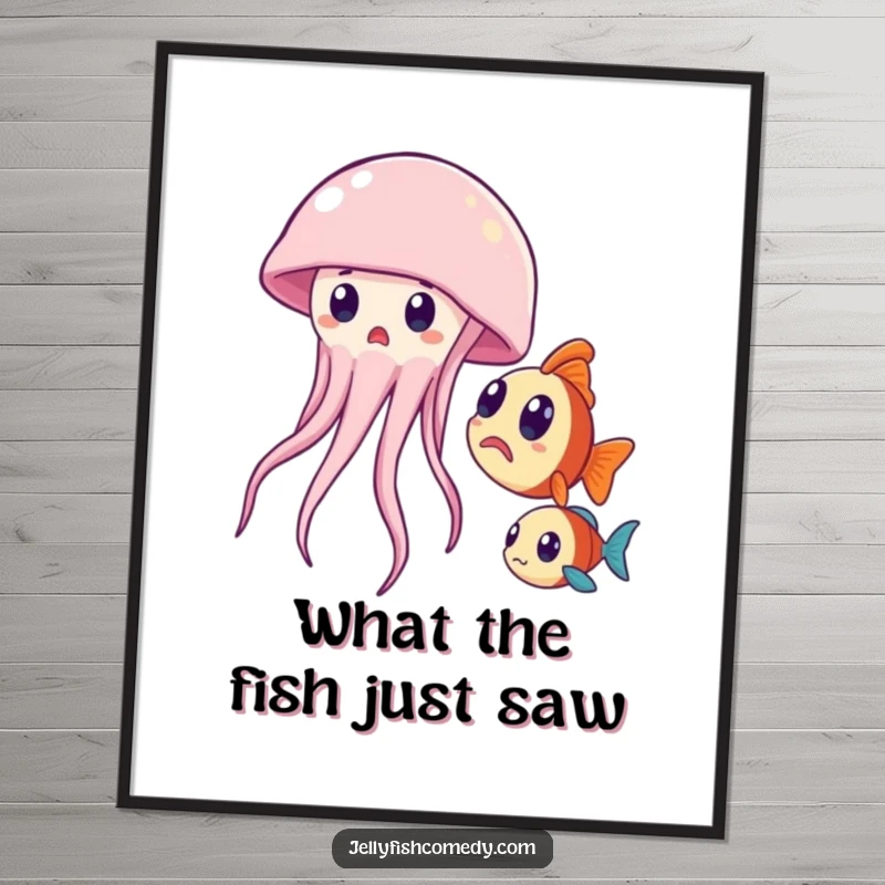 Funny Free Printable Wall Art: A surprised jellyfish floating near a curious fish, adding whimsical charm to any room.
