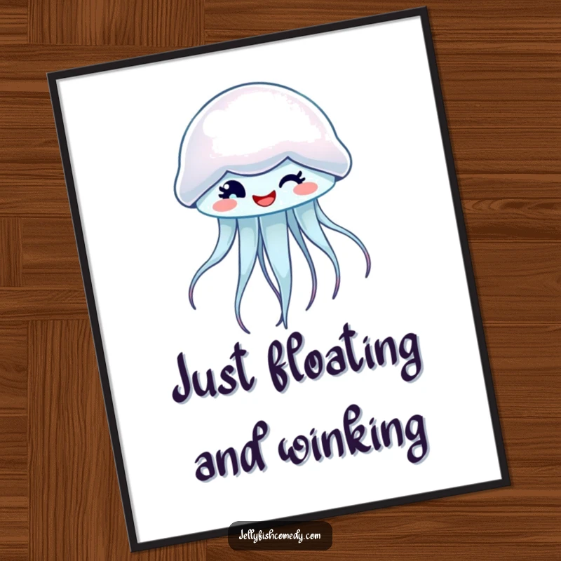 Funny Free Printable Wall Art: A friendly jellyfish giving a wink while spinning, adding a whimsical touch to any room.
