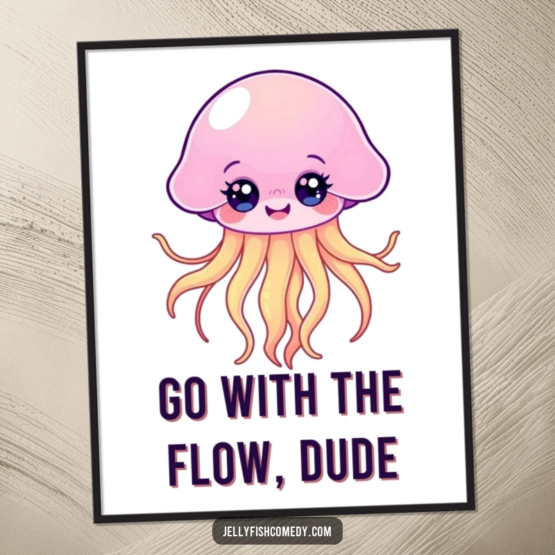 Funny free printable wall art of a kawaii jellyfish happily floating with bright eyes and gracefully flowing tentacles, adding charm.
