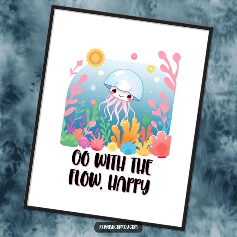 Free Printable Wall Art of a happy jellyfish gracefully drifting through a colorful, detailed underwater plant landscape.